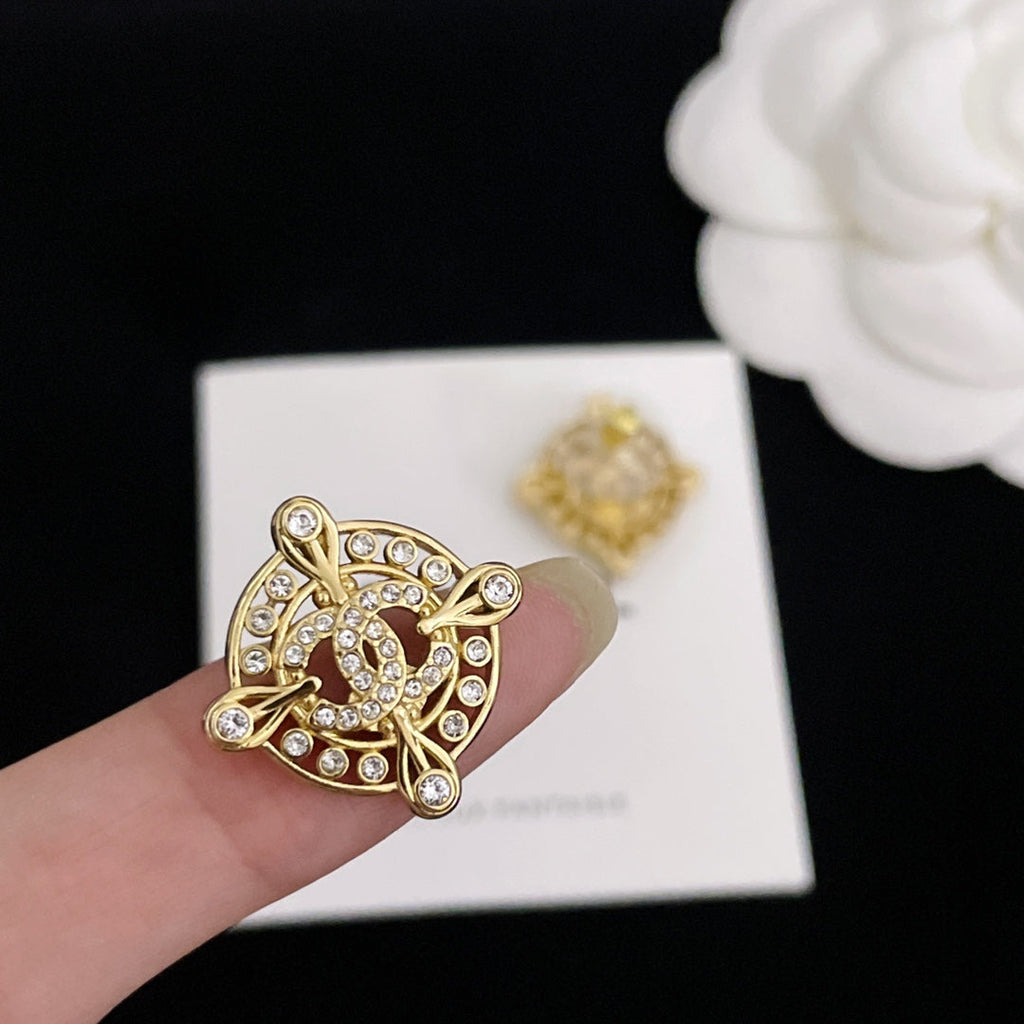 Chanel Double C Circle Gold Stud Earrings