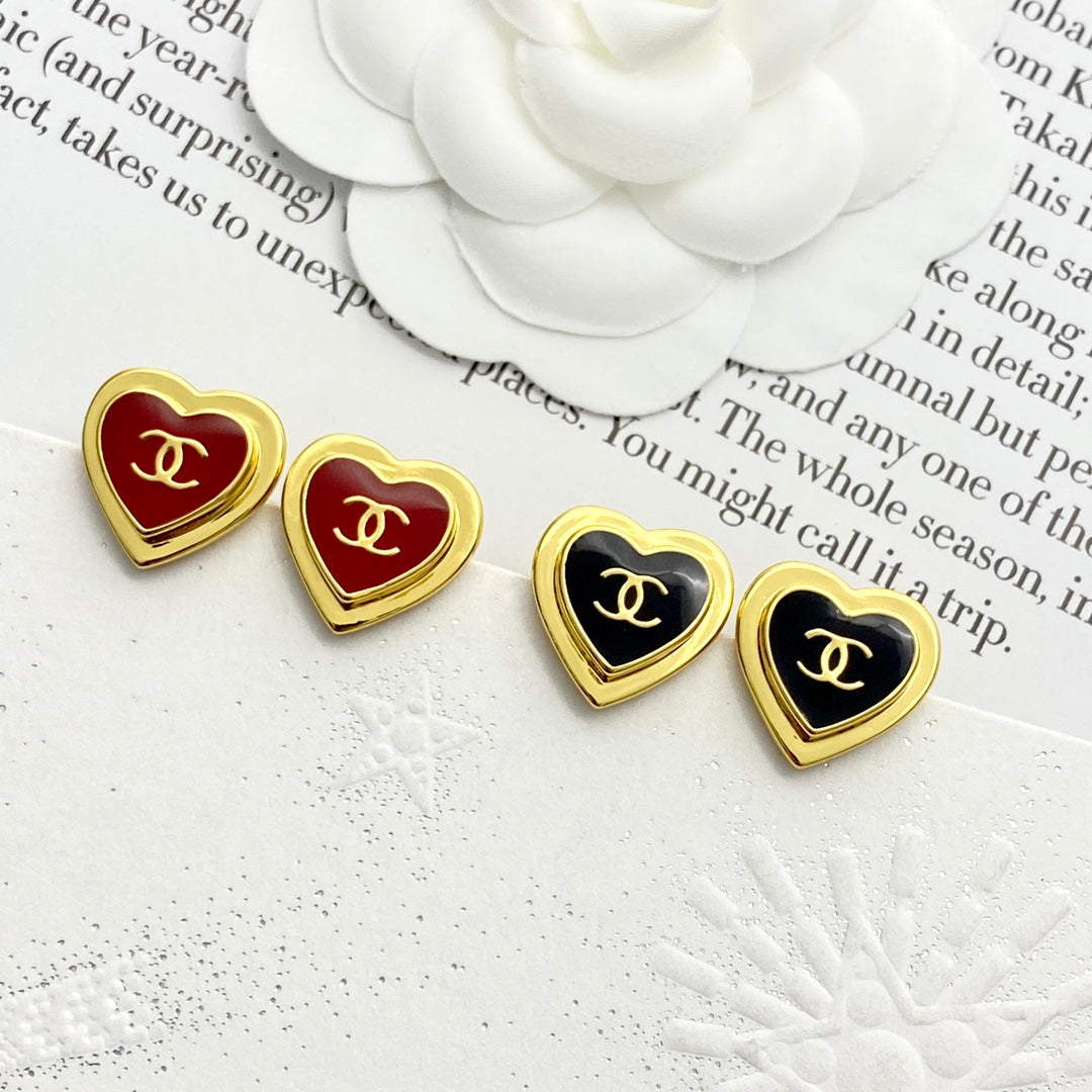 Chanel Red Enamel Gold Double C Heart Earrings