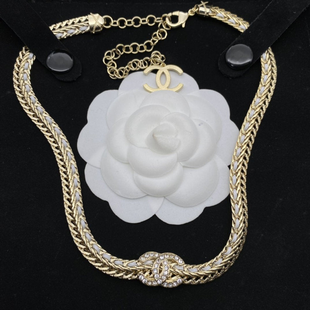 Chanel Double C White String Necklace Gold Diamond