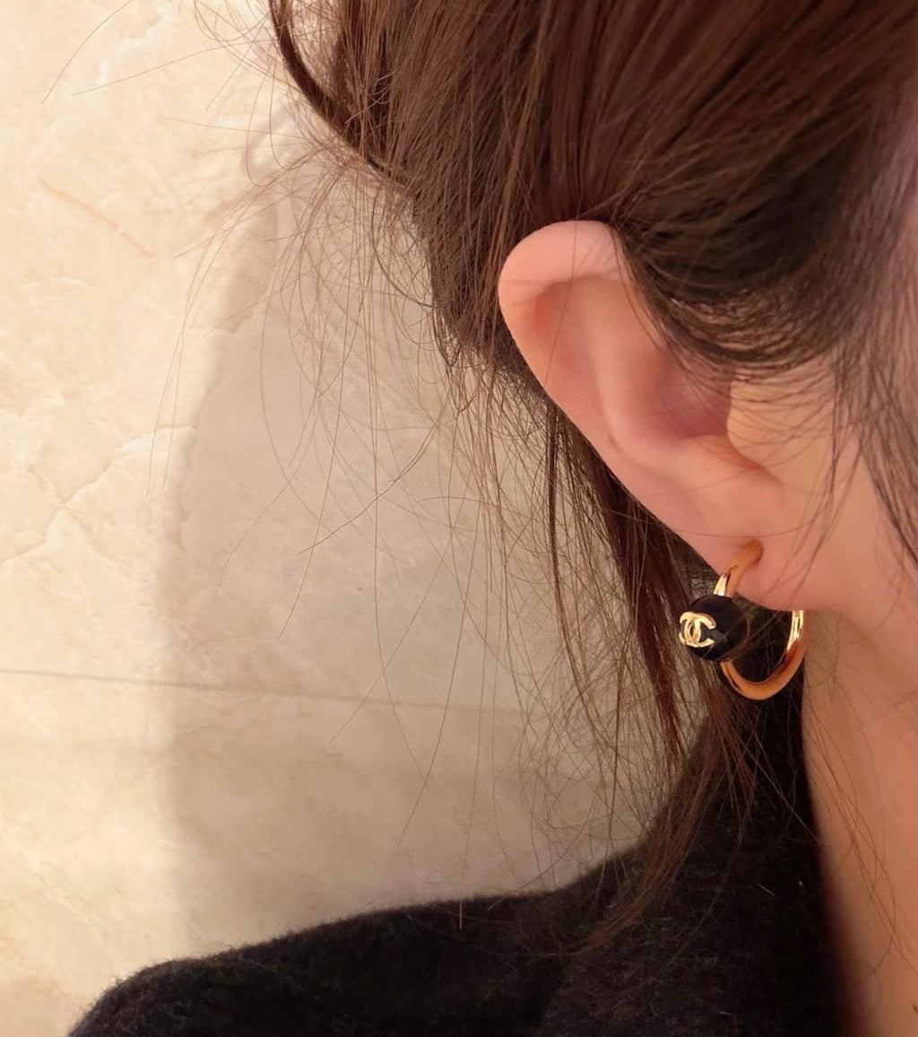 Chanel 2026 Navy Blue Enamel Ball Double C Hoop Earrings