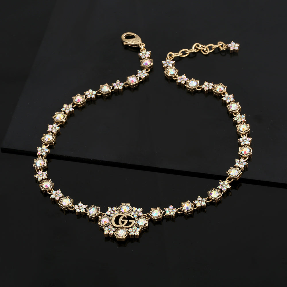 Gucci Double Crystals Chain Choker 18K Gold Necklace