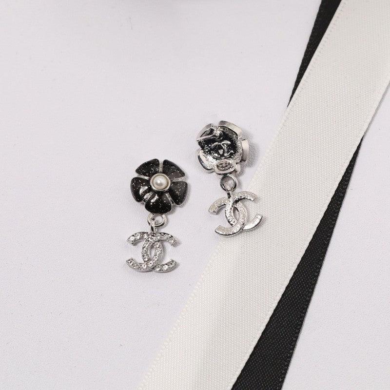 Chanel Black & Pink Camellia Diamond 18K Gold Earrings