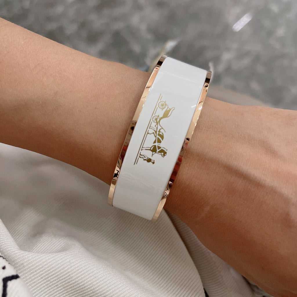 Hermes Enamel Cal ̈ ̈che Wide Bangle 18K Gold Bracelet