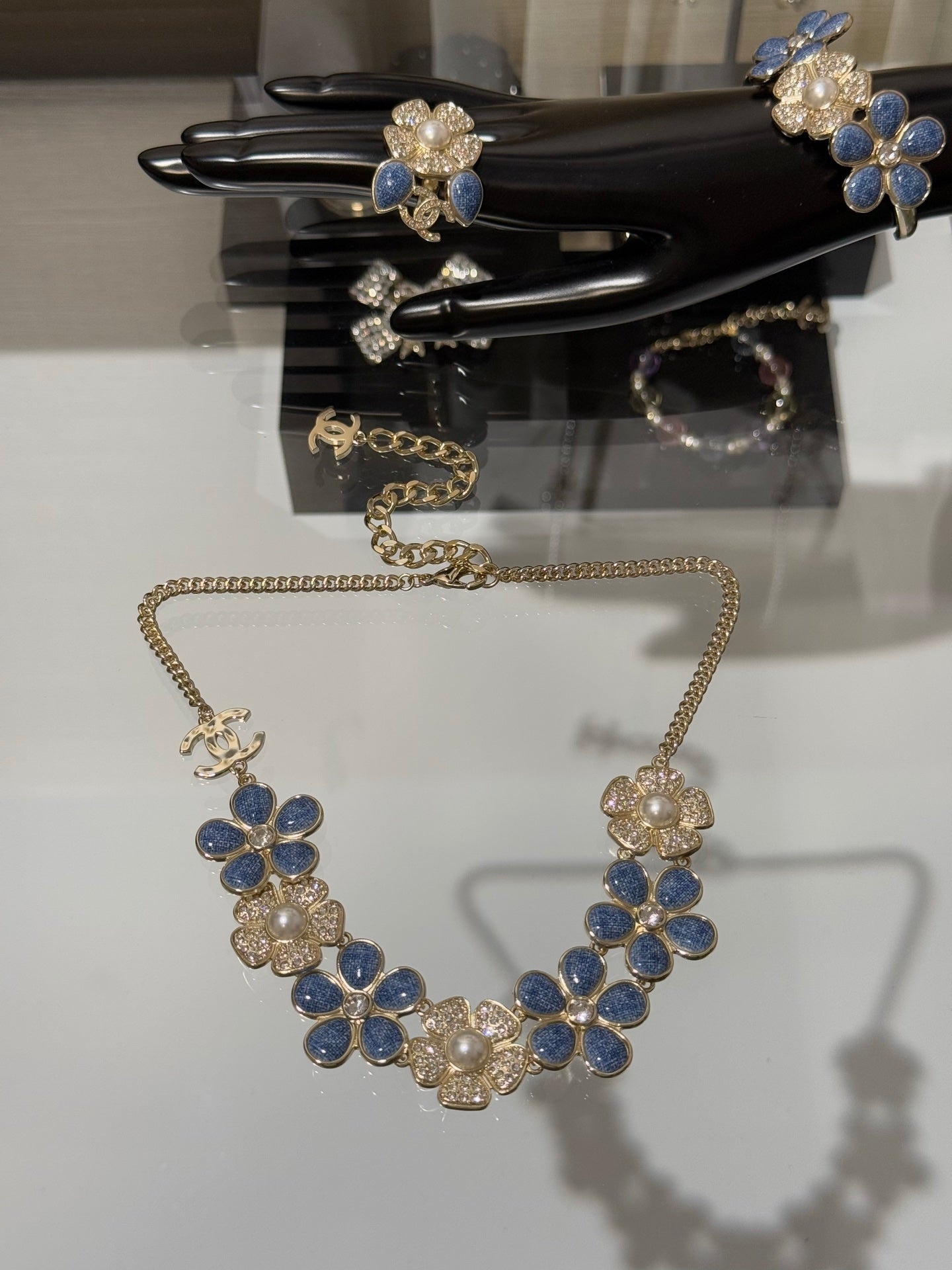 Chanel 2026 Denim Enamel Crystal Light Gold Double C Full Diamond Flower Pearl Necklace