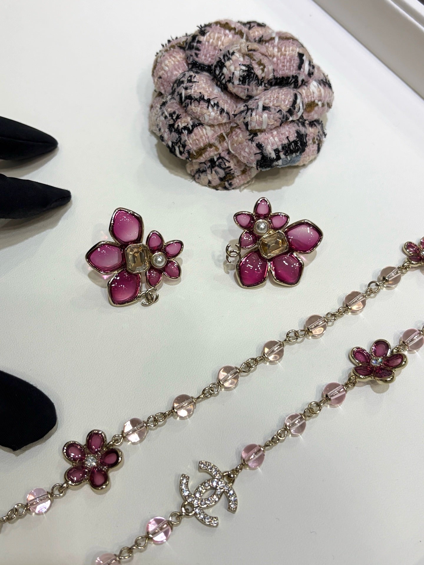 Chanel 2026 Double C Pink Asymmetrical Flower Stud Earrings