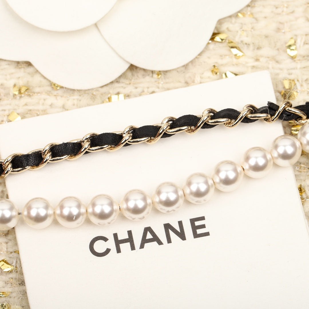 Chanel Pearls and Leather Straps Gold Necklace Type 2